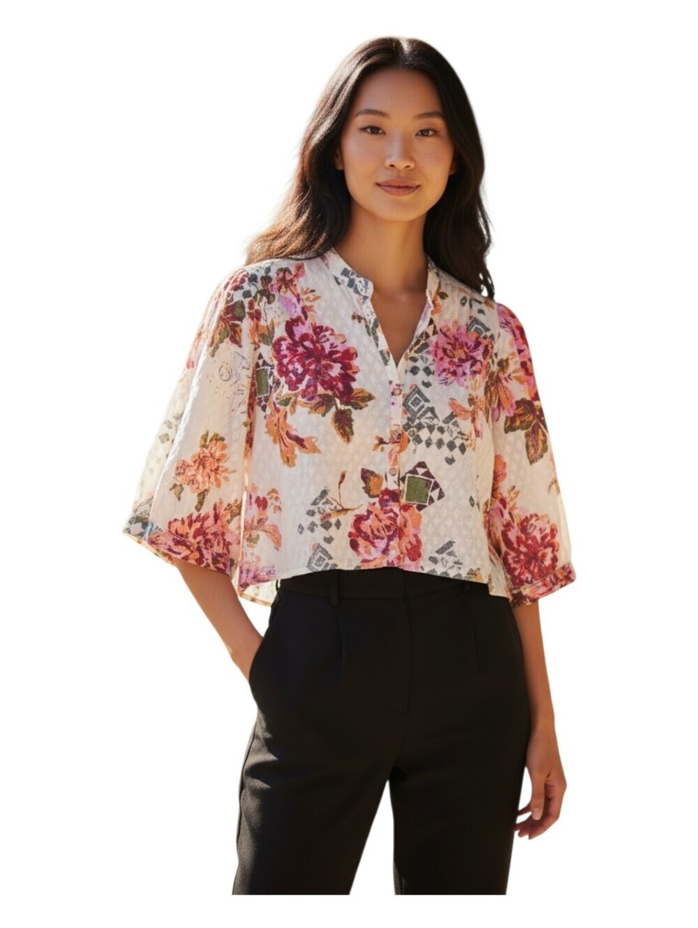 Pilcro Womens Floral Print Jacquard Brunch Coffee Date Crop Surf Blouse Small